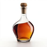 Elegant glass bottle filled with amber liquid on a white background photo