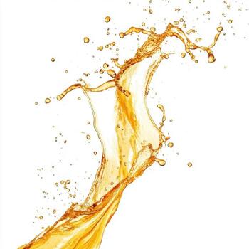 Splash of orange liquid creating dynamic movement against a white background photo