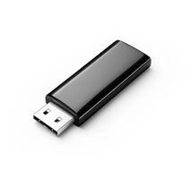 Small black USB flash drive lying flat on a white surface with a shiny finish and angled connector photo