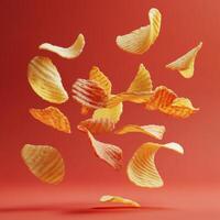Potato chips floating in the air against a vibrant red backdrop creating a dynamic and playful composition photo