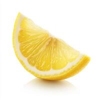 Bright yellow lemon wedge with vibrant texture and freshness displayed on a clean white background photo