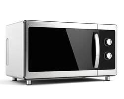 Modern stainless steel microwave oven placed on a kitchen counter with sleek design and user-friendly knobs photo