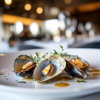 Freshly prepared mussels served on a plate with garnish in a fine dining restaurant setting photo
