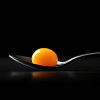Bright yellow egg yolk resting on a shiny metal spoon against a black background showcasing culinary elements photo