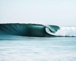 Majestic ocean wave curling gracefully at sunrise along a tranquil shoreline with soft waves in the background photo