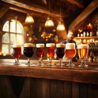 Different types of beer served in glasses on a bar counter inside a rustic tavern photo