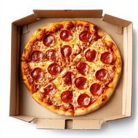 Freshly baked pepperoni pizza in a takeout box ready to enjoy for a meal with friends photo