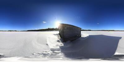 Spherical panorama of Svansele Dammanger flowing water meadows in Sweden in winter, equirectangular projection, seamless photo