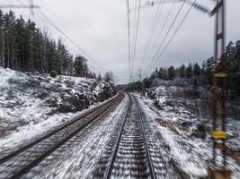View from the back window of a Swedish high speed train photo