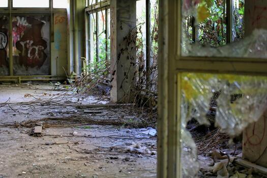 Broken windows and overgrowing branches in abandoned interior with graffiti and debris photo