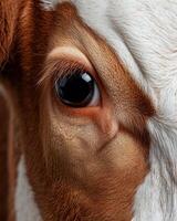 Close up of a cows eye and fur photo