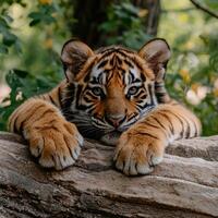 Closeup of a tiger cub resting on a log photo