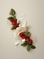 Overhead shot of pasta with tomato sauce, feta cheese, and basil photo