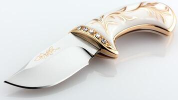Close up of a white and gold knife with crystals photo
