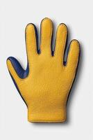 Close up of a yellow and blue leather glove, isolated on white background photo