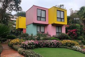 Colorful container homes in a lush garden setting photo