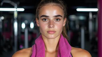 Portrait of a young woman with freckles at the gym after a workout photo
