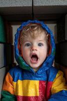 Toddler boy with freckles peeking out from colorful blocks photo