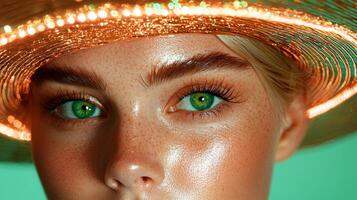 Close up of a womans face with freckles and green eyes, wearing a glowing hat photo