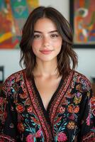 Beautiful young woman with freckles smiling at the camera photo