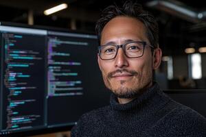 Portrait of a software engineer working on code photo