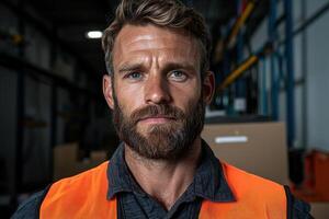 Portrait of a handsome bearded man in a safety vest photo