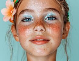 Close up portrait of a girl with glitter makeup and flower crown photo