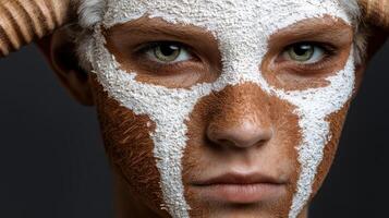 Close up portrait of a person with horns and face paint photo