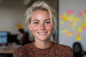 Portrait of a smiling young woman with freckles in an office setting photo