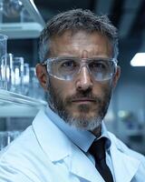 Serious scientist in lab coat and safety glasses looks intently at the camera photo