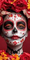 Close up of a woman with sugar skull makeup for Dia de los Muertos photo