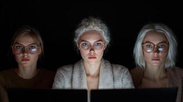 Three young women wearing glasses work on laptops in the dark photo