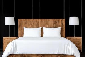 Modern bedroom with wooden headboard and white bedding photo