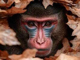 Close up portrait of a mandrill monkey peeking from behind autumn leaves photo