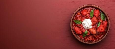Delicious hearty stew in wooden bowl, overhead shot photo