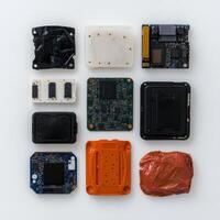 Assorted electronic components and circuit boards on white background photo
