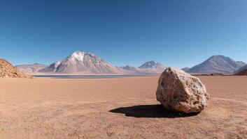 Single rock in a desert landscape with snow capped mountains in the background photo
