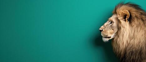 Profile of a majestic lion against a teal background photo