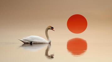Serene swan on calm water with a large red sun in the background photo