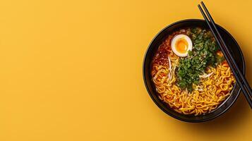 Delicious ramen noodle soup with soft boiled egg, served in a black bowl on a yellow background photo