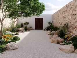 Modern minimalist courtyard garden design with gravel pathway, stone walls, and succulents photo