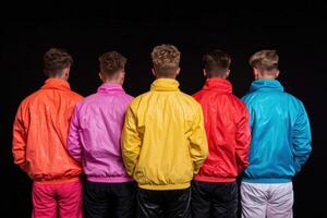 Back view of five men in colorful 80s style windbreakers photo