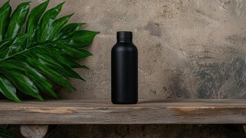 Black matte water bottle on wooden shelf against textured background photo
