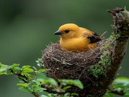 A small yellow bird sits in its nest, nestled amongst the branches of a tree photo