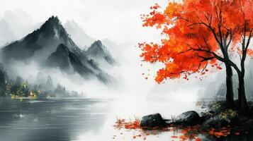 A painting of a tree with red leaves and a mountain in the background photo