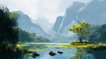 A painting of a mountain lake with trees and rocks photo