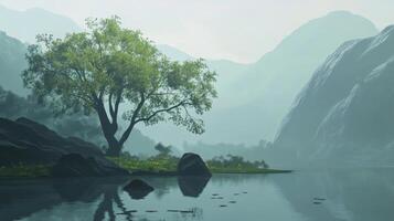 A tree is standing in the middle of a lake photo