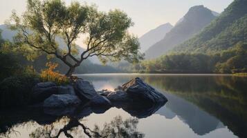 A tree is sitting on a rock in the middle of a lake photo