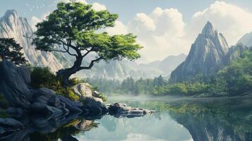 A tree is sitting on the edge of a lake surrounded by mountains photo