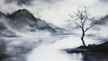 A painting of a tree in the middle of a lake photo
